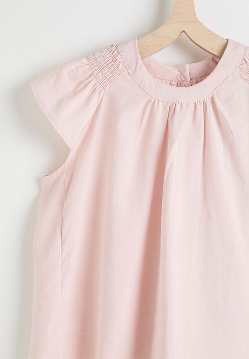 Pop Candy - Ruffle sleeve blouse & denim flared skirt - pink/navy