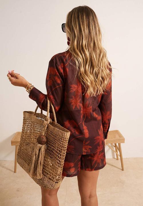 Trendyol - Oversized Cotton Tropical Print Beach Shirt and Shorts Set - Brown-Multicolour