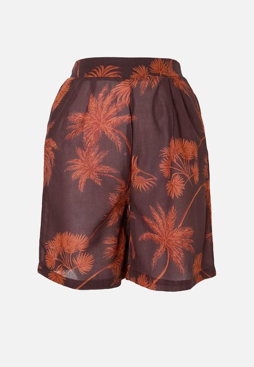 Trendyol - Oversized Cotton Tropical Print Beach Shirt and Shorts Set - Brown-Multicolour