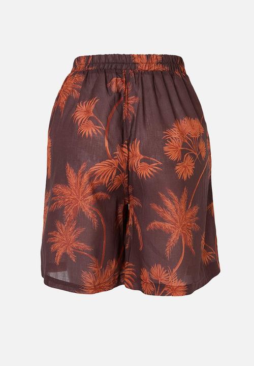 Trendyol - Oversized Cotton Tropical Print Beach Shirt and Shorts Set - Brown-Multicolour