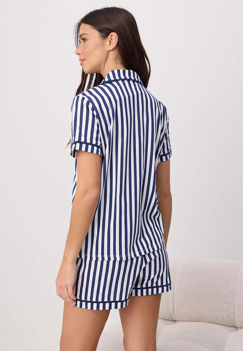 Trendyol - Cotton striped ribbed shorts pajama set - navy blue