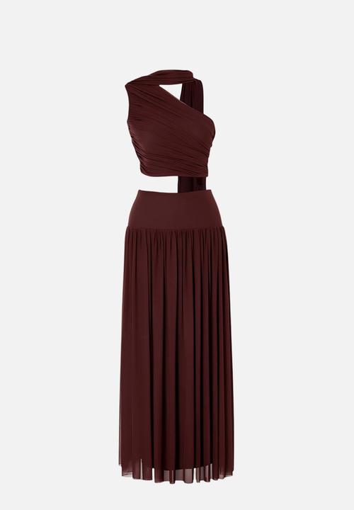 Trendyol - Asymmetric Neckline Tulle Blouse and Skirt Set - Brown