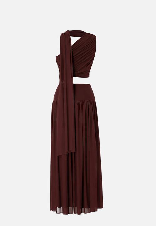 Trendyol - Asymmetric Neckline Tulle Blouse and Skirt Set - Brown
