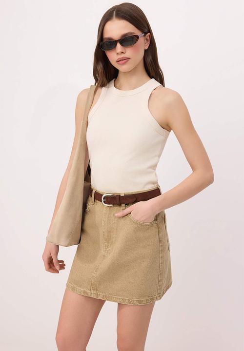 Trendyol - Basic Denim Mini Skirt - Beige