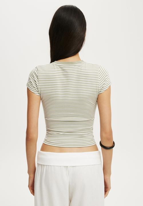 Cotton On - All Day Crew Tee - Madi Stripe Pale Eucalyptus/White
