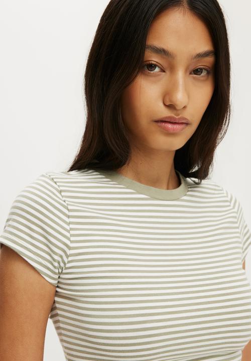 Cotton On - All Day Crew Tee - Madi Stripe Pale Eucalyptus/White