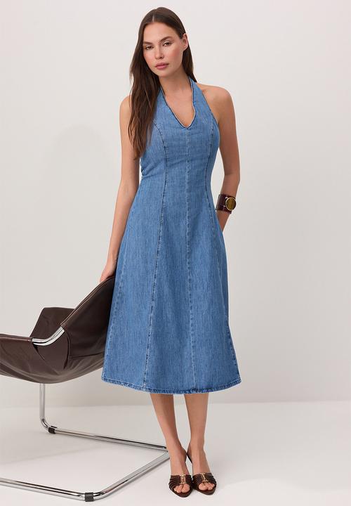 Trendyol - Halter Neck Midi Denim Dress - Blue