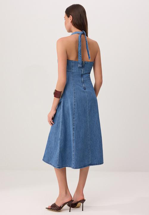 Trendyol - Halter Neck Midi Denim Dress - Blue