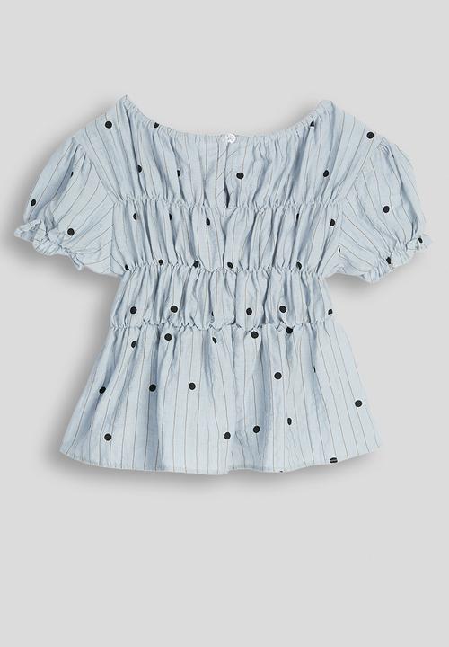 Pop Candy - Pin-striped smocked bodice top - powder blue