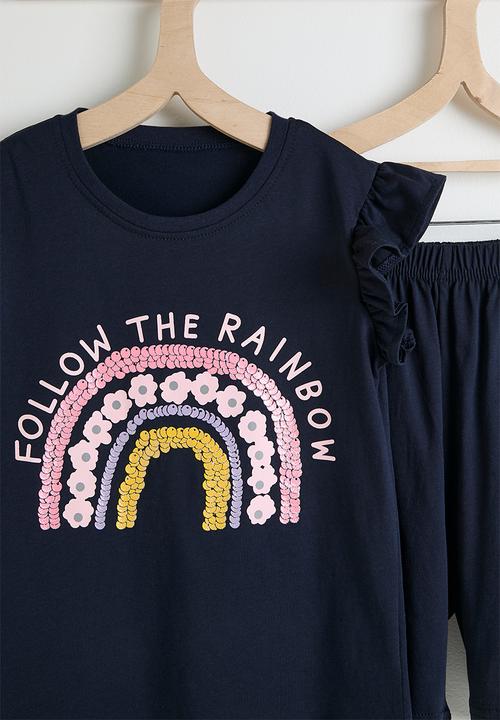 Pop Candy - Rainbow graphic frilled sleeve tee with shorts - dark navy