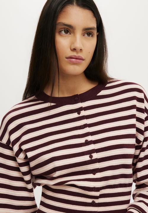 Cotton On - Sara Button Cardigan - Sour Cherry/Pink Stripe