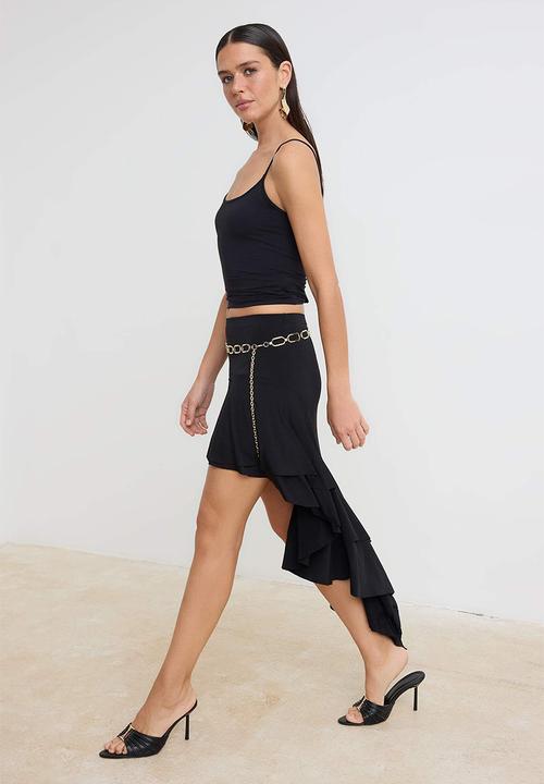 Trendyol - Ruffle Detail Midi Knit Skirt - Black