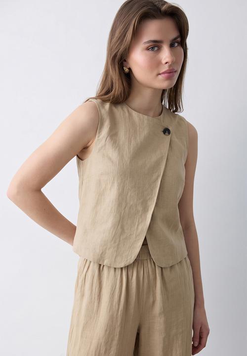Trendyol - Linen-Look Top and Bottom Set - Light Khaki