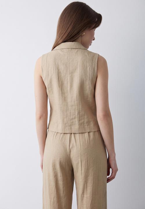 Trendyol - Linen-Look Top and Bottom Set - Light Khaki