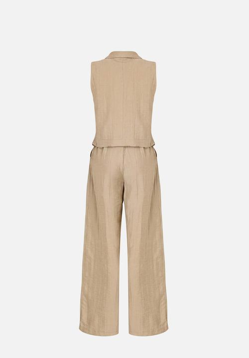 Trendyol - Linen-Look Top and Bottom Set - Light Khaki