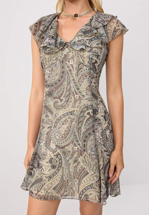 Trendyol - Shawl Print A-Line Mini Dress - Yellow-Multicolour