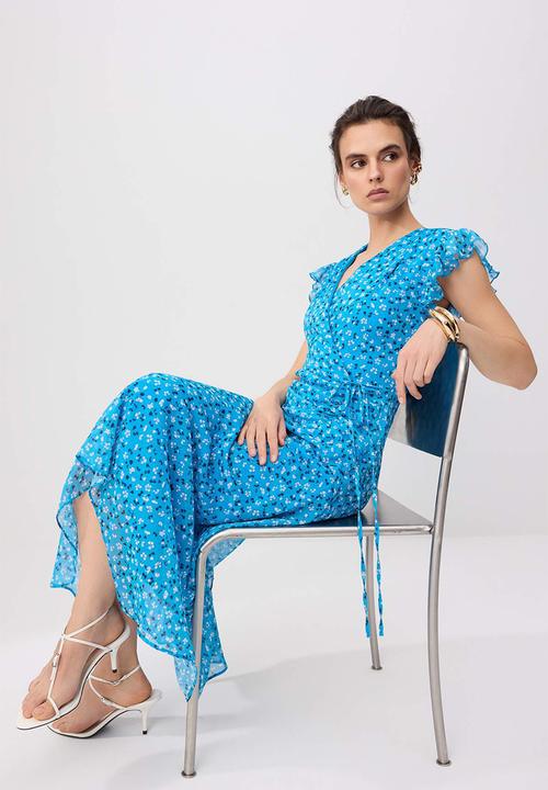 Trendyol - Floral Double-Breasted A-Line Maxi Dress - Blue