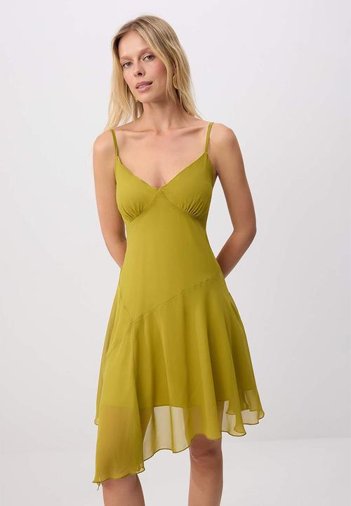 Trendyol - Ruffle Detail A-Line Chiffon Mini Dress - Oil Green