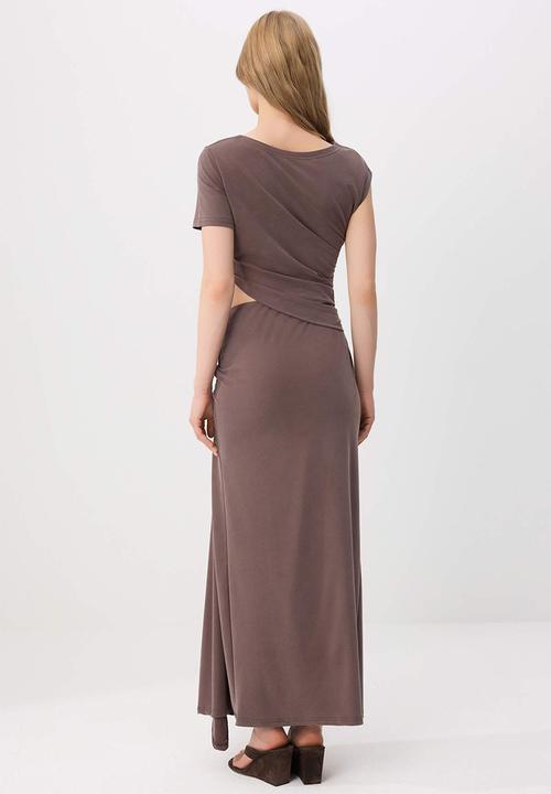 Trendyol - Fitted Window Detail Maxi Modal Knit Dress - Brown