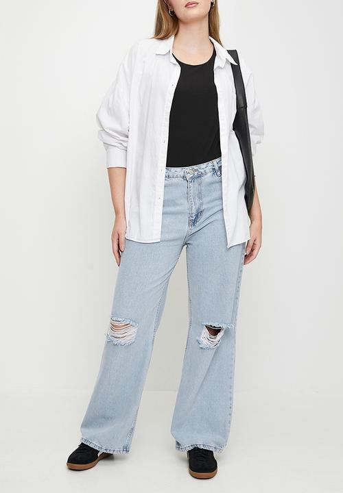 Trendyol - Plus size blue high waist destroyed wide leg  jeans - ice blue