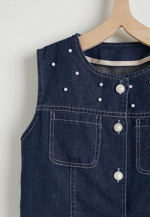 Pop Candy - Pearl beaded denim vest & skirt - dark blue