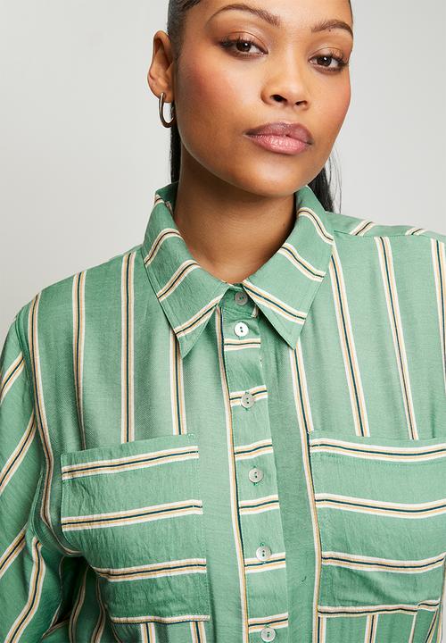 Me&B - Plus Drawstring Waist Pocket Shirt Dress - Green & White Stripe