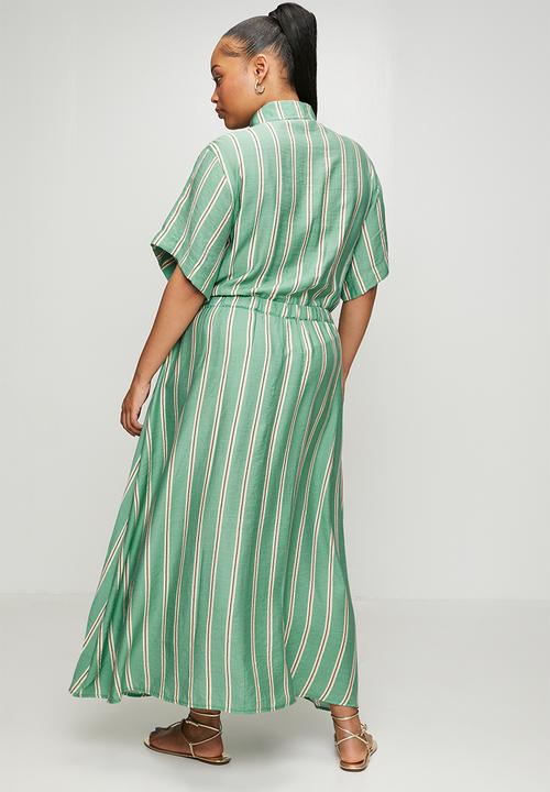 Me&B - Plus Drawstring Waist Pocket Shirt Dress - Green & White Stripe