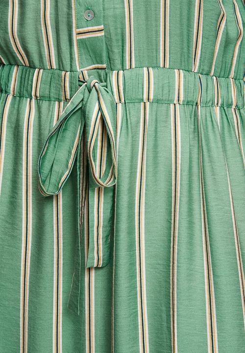 Me&B - Plus Drawstring Waist Pocket Shirt Dress - Green & White Stripe