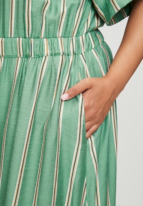 Me&B - Plus Drawstring Waist Pocket Shirt Dress - Green & White Stripe