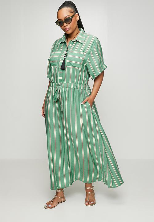 Me&B - Plus Drawstring Waist Pocket Shirt Dress - Green & White Stripe