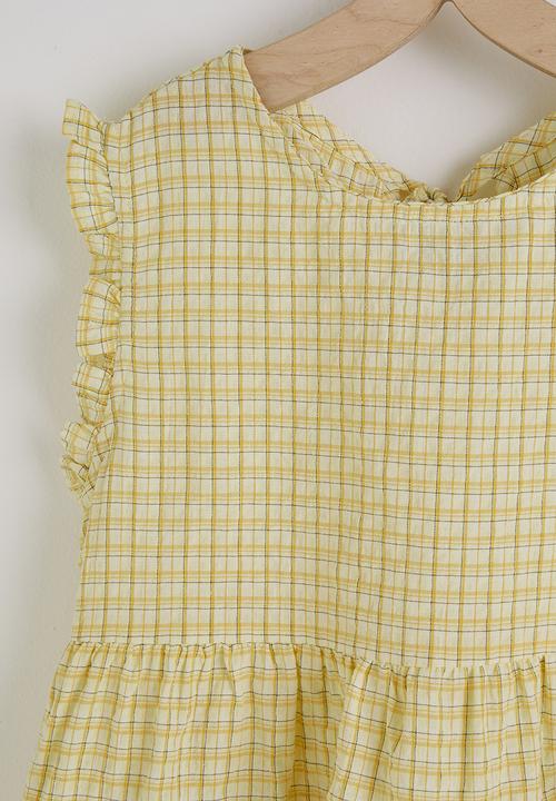 Pop Candy - Ruffle hem peplum top & panelled pants - light yellow/white