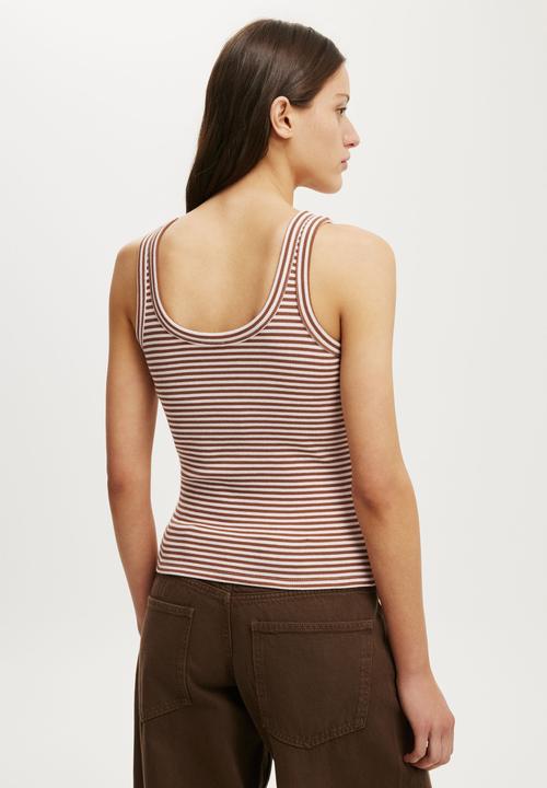 Cotton On - Blake Rib Scoop Tank - Madi Stripe Walnut/Babydoll