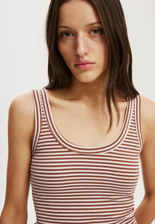 Cotton On - Blake Rib Scoop Tank - Madi Stripe Walnut/Babydoll