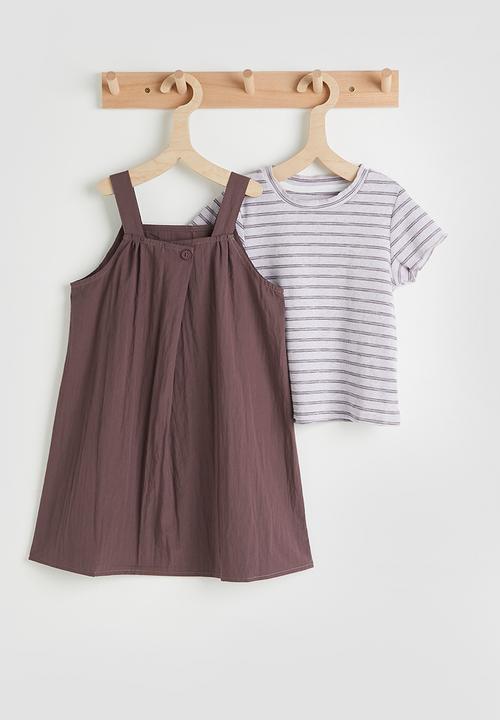 Pop Candy - Pinafore dress with striped tee - dark purple/purple stripes