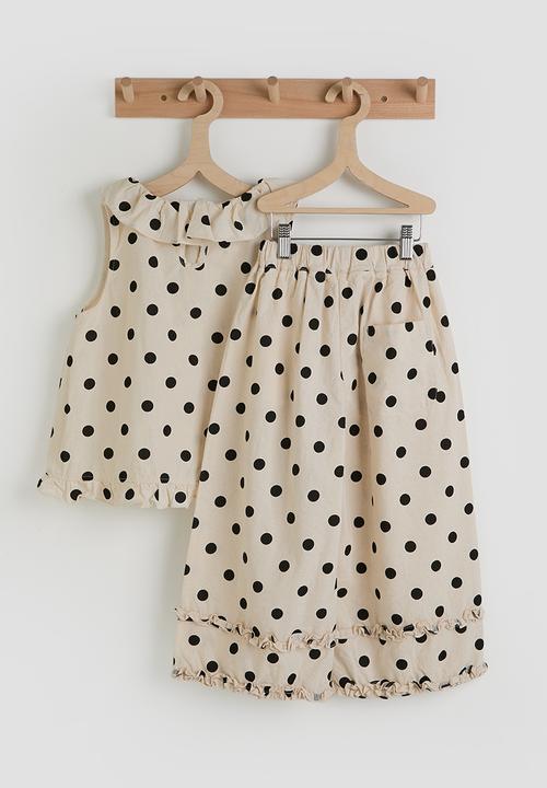 Pop Candy - Polka dot ruffle hem blouse & wide leg pants - cream