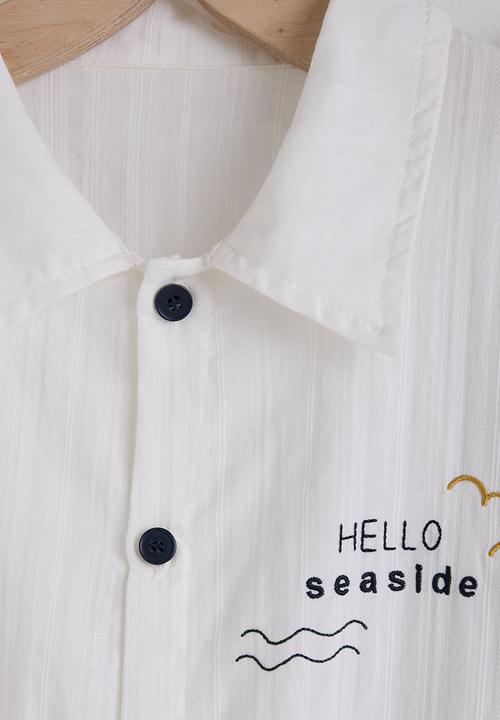 Pop Candy - Palm tree embroidered shirt with shorts - white & grey