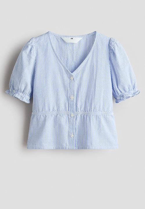 H&M - Puff-sleeved cotton seersucker blouse - light blue/striped