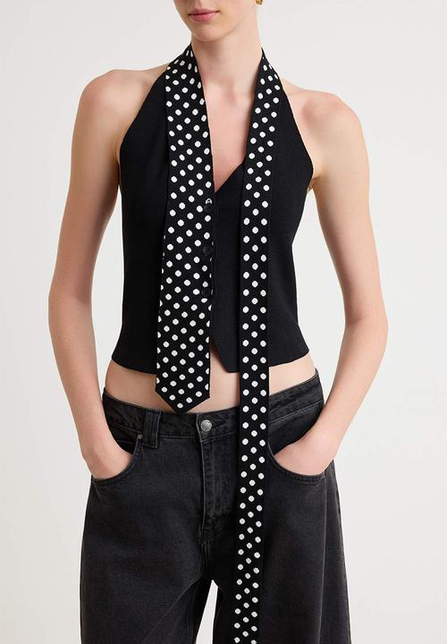 Trendyol - Detachable Polka Dot Tie-Detail Knit Blouse - Black