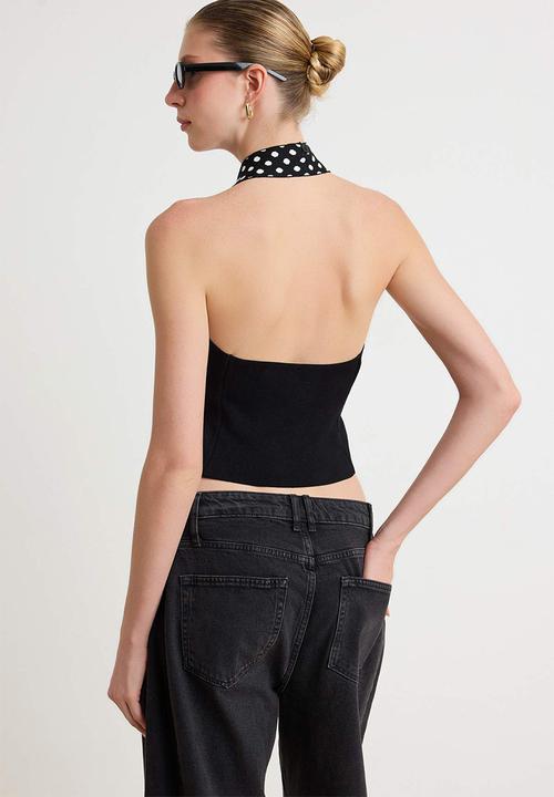 Trendyol - Detachable Polka Dot Tie-Detail Knit Blouse - Black