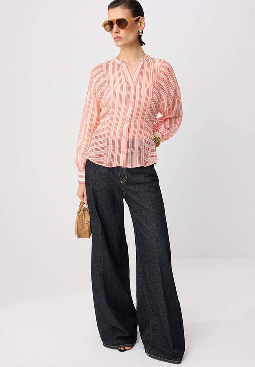 Trendyol - Striped Sheer Shirt - Pink-Multicolour