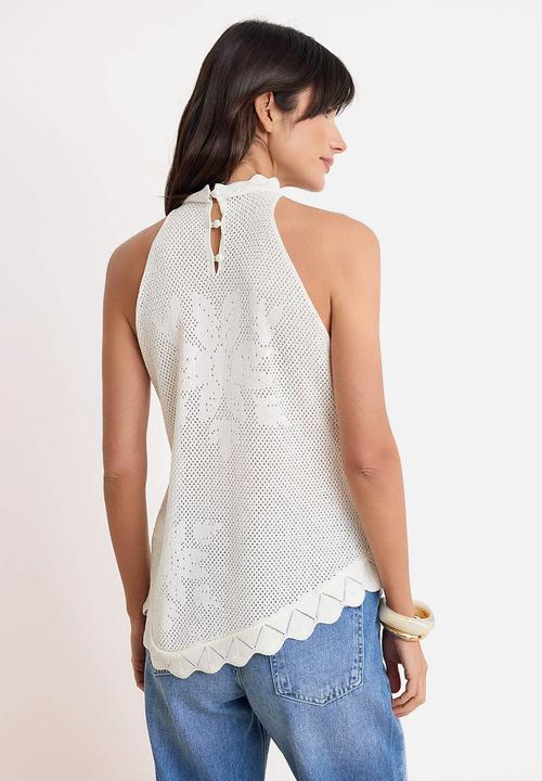 Trendyol - Lace-Look Halter Neck Knit Blouse - Ecru