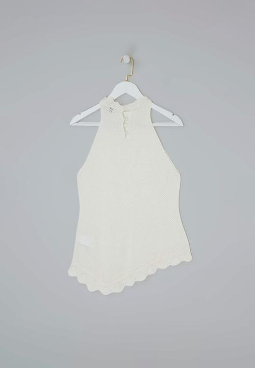 Trendyol - Lace-Look Halter Neck Knit Blouse - Ecru