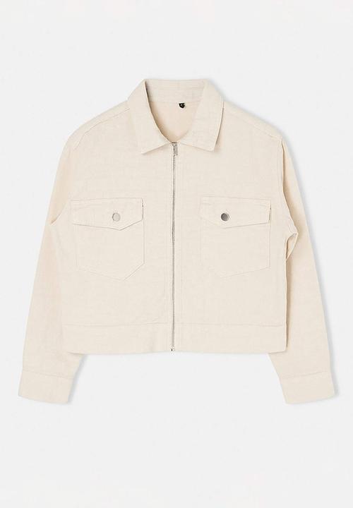 Trendyol - Zip-Up Detail Denim Jacket - Ecru