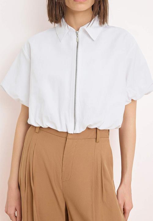 Trendyol - Zipped Balloon Sleeve Jacket - White