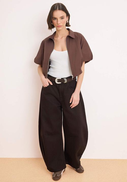 Trendyol - Zipped Balloon Sleeve Jacket - Brown