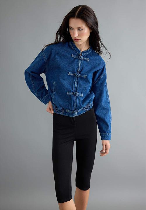 Trendyol - Button and Elastic Waist Denim Jacket - Blue