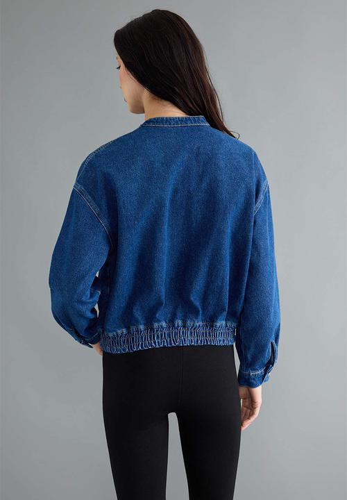 Trendyol - Button and Elastic Waist Denim Jacket - Blue