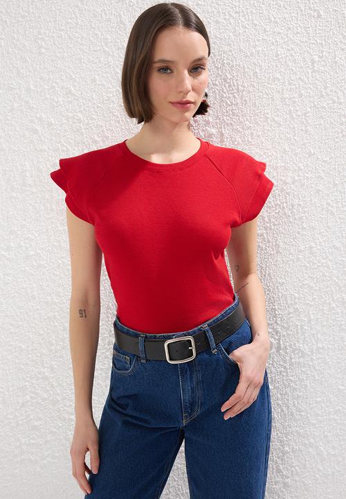 Trendyol - Ribbed Knit Blouse with Ruffle Detail - Red