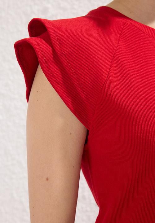 Trendyol - Ribbed Knit Blouse with Ruffle Detail - Red
