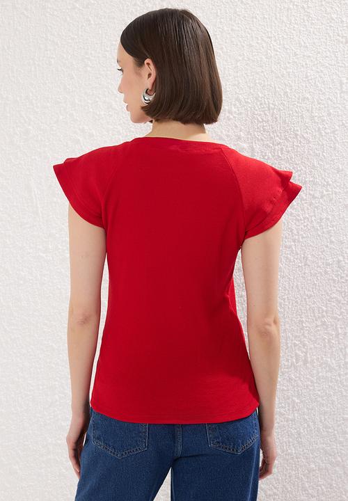 Trendyol - Ribbed Knit Blouse with Ruffle Detail - Red